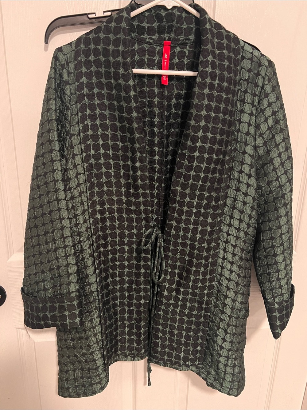 IC Collection Geometric Dots Tie Front Jacket Green Black XL Lagenlook Artsy